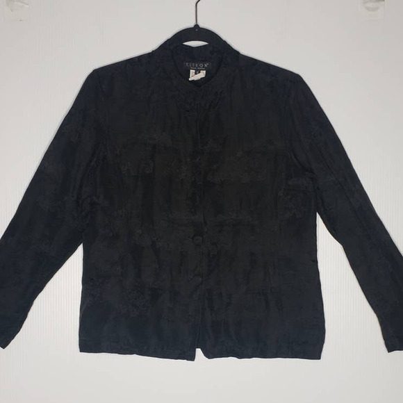 Citron Boxy Jacket Linen Silk Jacquard Black Mandarin Collar Button Small Goth - Picture 1 of 12